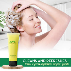 ECO amenities travel shampoo tubes flip-cap closeup for easy guest-room dispensing.