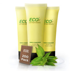 ECO amenities travel shampoo tubes packaging closeup highlights bulk hotel supply, eco-friendly design.