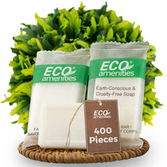 ECO Amenities travel-size bar soap 400-pack, ideal for bulk hotel stocking and guest rooms.