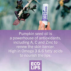 Eco Lips Lip Food organic ingredients highlighted for nutrient-rich formula.