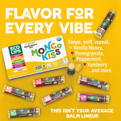 Eco Lips Mongo Kiss display with balm tubes for on-the-go use