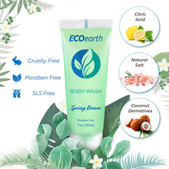 EcoEarth travel wash packaging highlights leak-proof design for hotels.