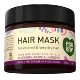 ecoLove hair mask jar shows dry damaged hair repair with organic ingredients.