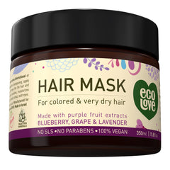 ecoLove hair mask jar shows dry damaged hair repair with organic ingredients.