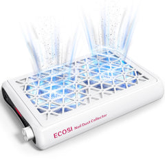 ECOSI Nail Dust Collector front panel shows dual motors delivering strong, quiet suction