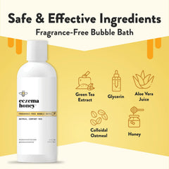 ECZEMA HONEY bubble bath lather close-up shows creamy bubbles for soothing itchy skin.