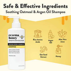 ECZEMA HONEY Nourishing Shampoo label close-up highlighting sensitive-skin ingredients.