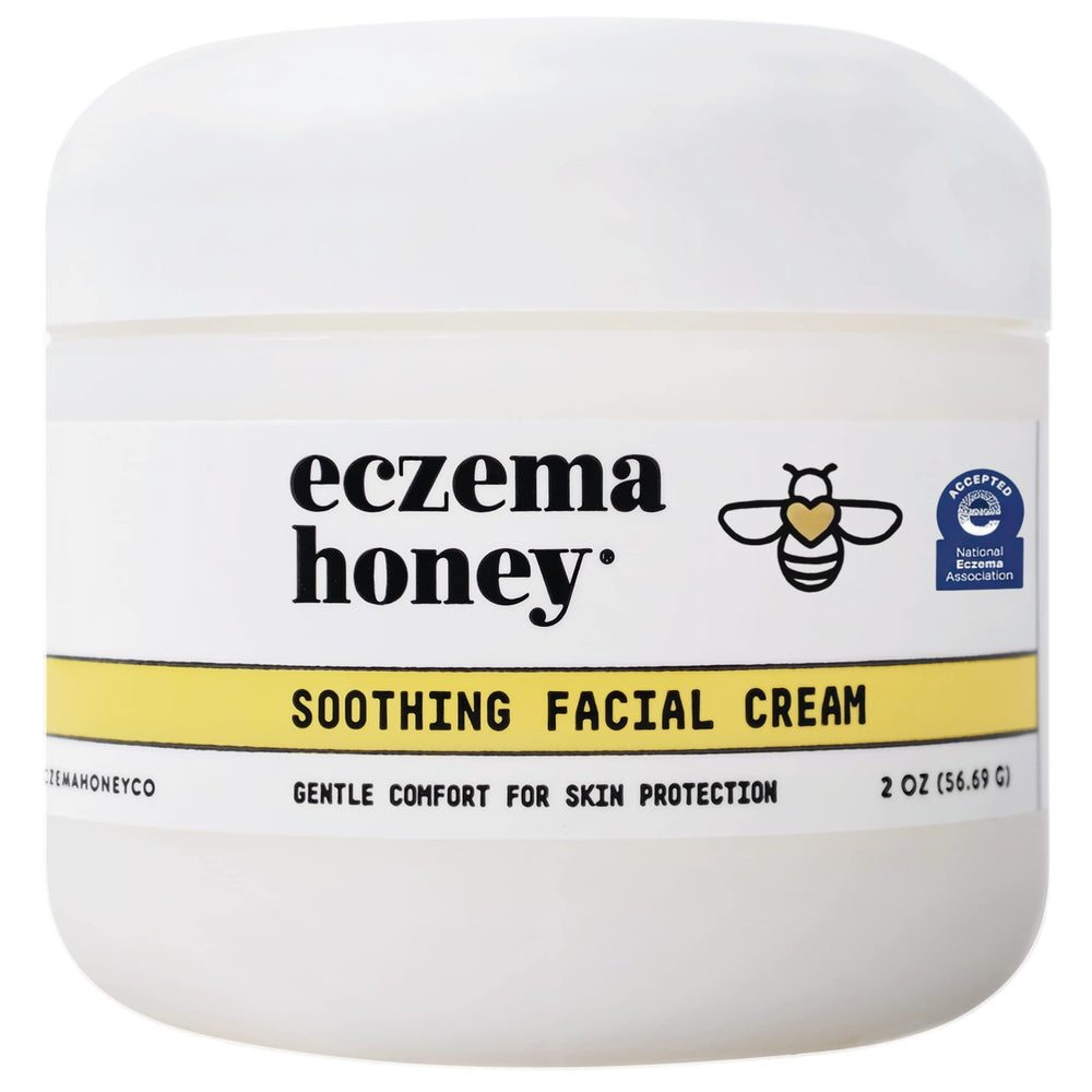 Eczema Honey soothing facial cream packaging showcasing natural skin care benefits.