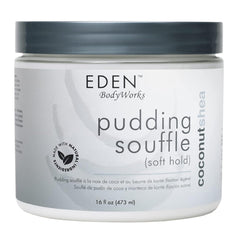 EDEN BodyWorks Coconut Shea Pudding Soufflé tub closeup shows creamy curl-defining texture.