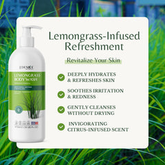 EDENIKA BOTANICALS lemongrass stalk beside bottle signals natural scent and clean formula.