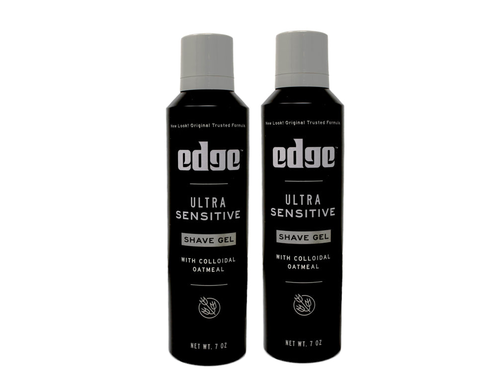 Edge Ultra Sensitive Shave Gel 7oz bottle closeup highlighting soothing colloidal oatmeal for sensitive skin