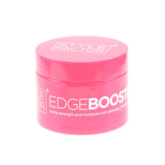 EDGEBOOSTER Style Factor Pomade jar closeup shows glossy texture for defined styles.