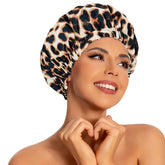 Edoneery leopard-pattern shower cap keeps hair dry and stylish during showers