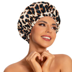 Edoneery leopard-pattern shower cap keeps hair dry and stylish during showers