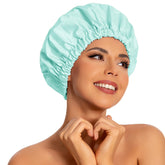 Edoneery mint-green shower cap waterproof outer protects hair during showers.