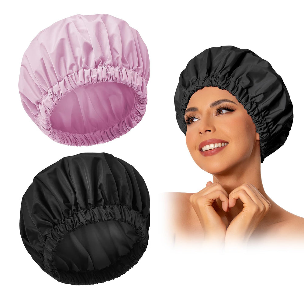 Edoneery reusable shower cap in black and purple keeps hair dry during showers