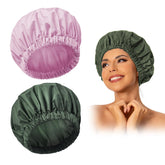 Edoneery reusable shower cap, green-purple front view, snug fit for long hair.