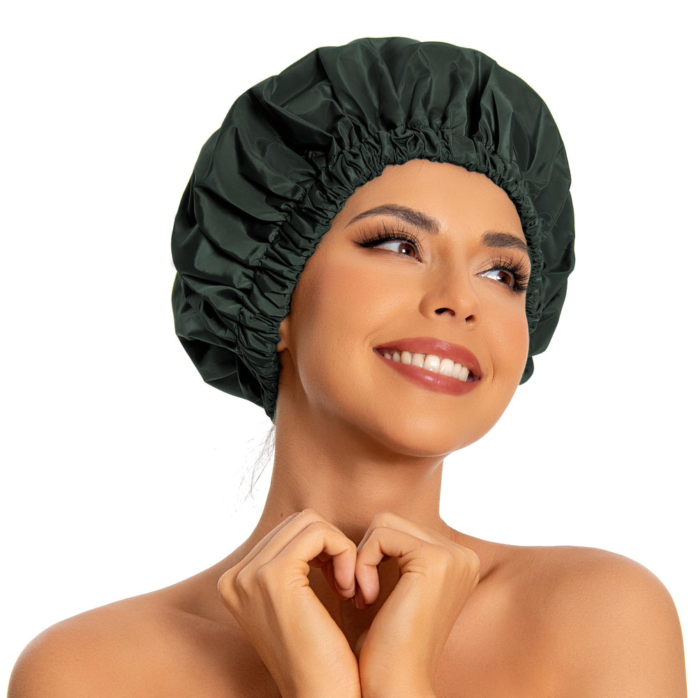 Edoneery reusable shower cap in dark green shields long hair from water during shower