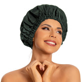 Edoneery reusable shower cap in dark green shields long hair from water during shower