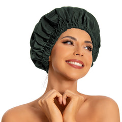 Edoneery reusable shower cap in dark green shields long hair from water during shower