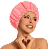Edoneery reusable shower cap orange-pink top view showing roomy fit for long hair