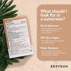 EEZYSUN mineral SPF50 travel pack label highlighting reef-safe vegan sunscreen