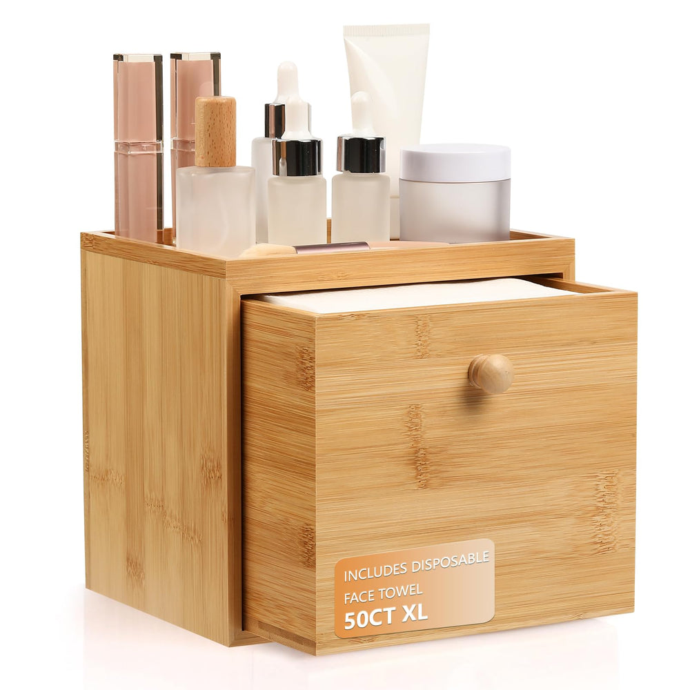 Eggs Sound disposable face towel in bamboo drawer box keeps towels organized for daily skincare.