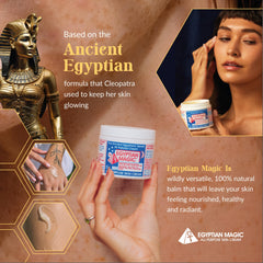 Egyptian Magic face-cream application demonstrates lightweight hydration for a refreshed complexion.