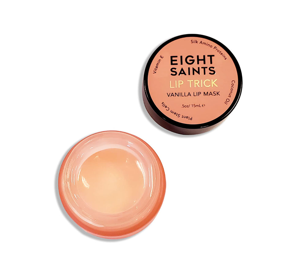 Eight Saints Lip Trick Vanilla Lip Mask tube close-up for hydrated, soft lips.