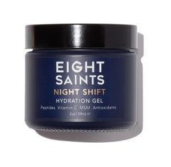 Eight Saints Night Shift gel bottle highlights fragrance-free hydration for overnight use