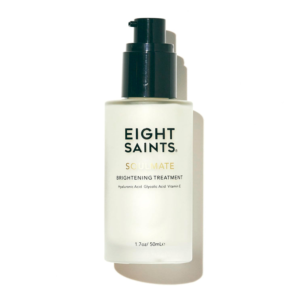 Eight Saints Soulmate Lotion bottle shows glycolic treatment for refreshed, radiant skin.
