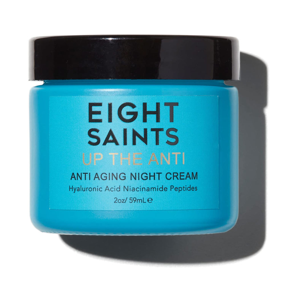 Eight Saints Up the Anti Night Cream bottle closeup highlighting premium nighttime hydration.