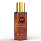 EKMIVEDA Keshya Vardhan oil bottle showing Ayurvedic blend for scalp nourishment and healthier-looking hair.