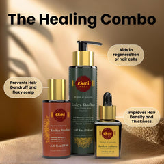 ekmiveda sulfate-free shampoo bottle highlighting gentle cleansing and hair strengthening