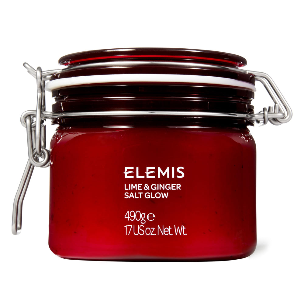 ELEMIS Exotic Lime & Ginger Salt Glow jar showcases a nourishing body polish.