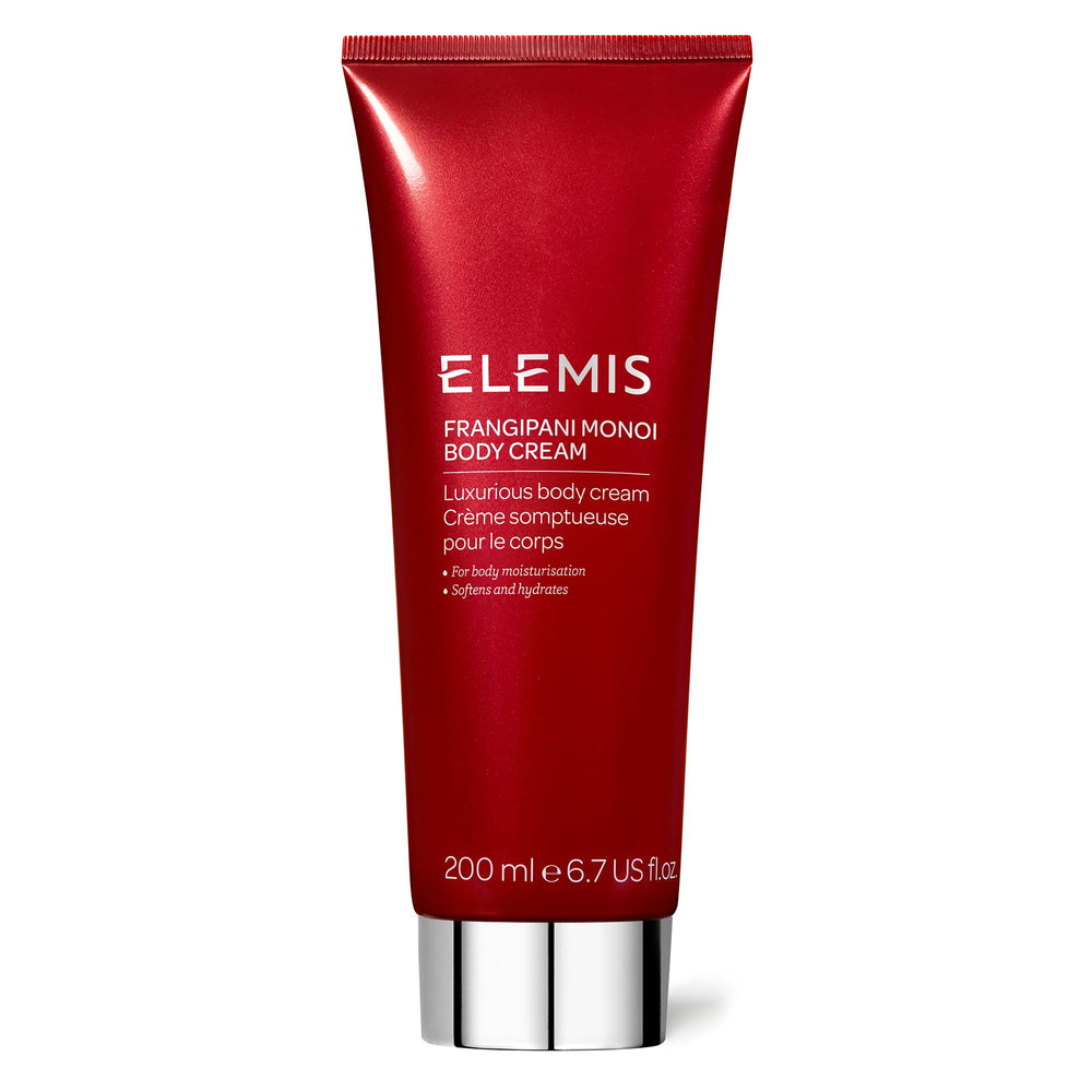 Elemis Frangipani Monoi Body Cream bottle showcases luxurious hydration for daily use.