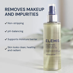 ELEMIS Nourishing Omega-Rich Cleansing Oil texture closeup emphasizes silky, non-greasy feel.