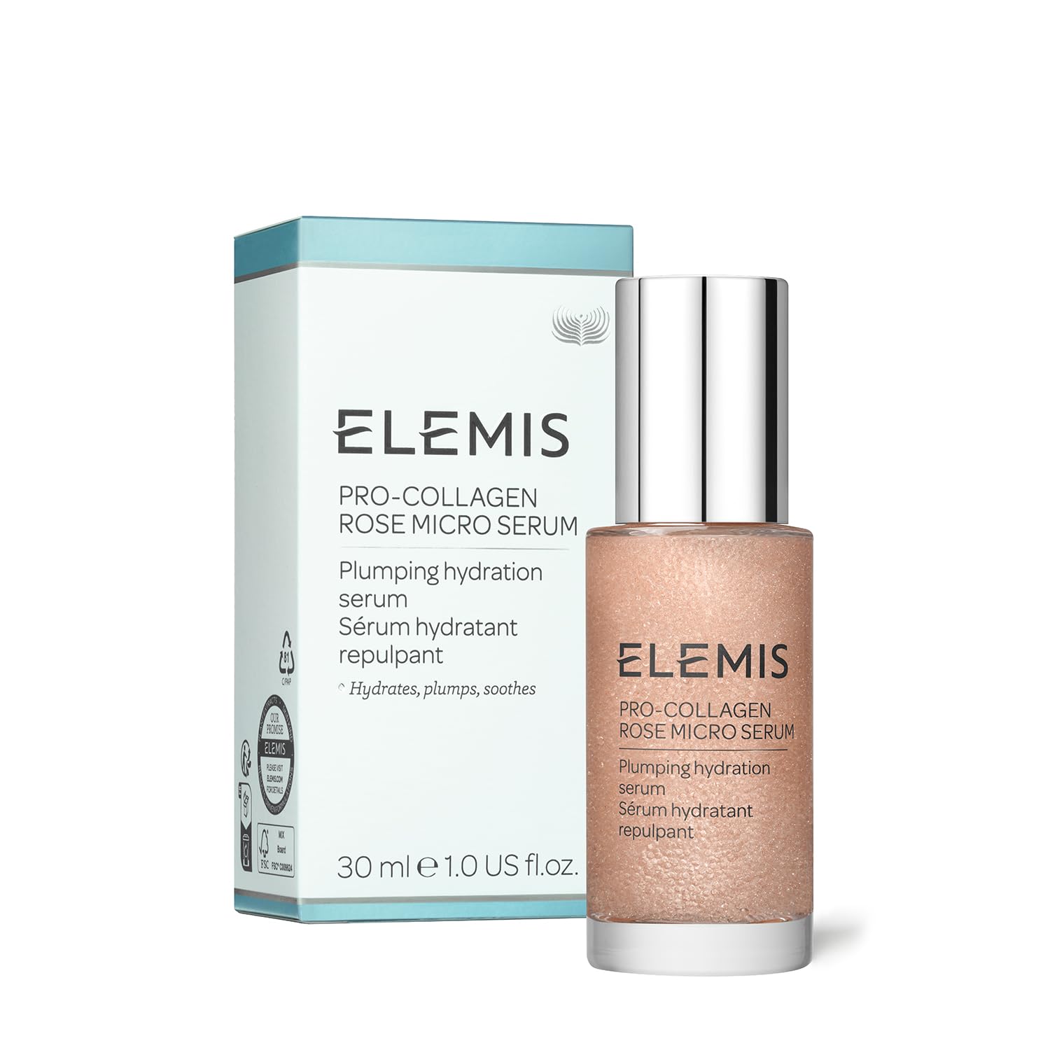 ELEMIS Pro-Collagen Rose Micro Serum bottle image demonstrates luxurious hydration for plump skin.