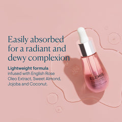 ELEMIS Pro-Collagen Rose oil texture close-up shows non-greasy finish after application.