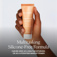 ELEMIS Superfood Glow Priming Moisturizer application on face shows smooth upward-stroke blending.