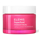 Elemis Superfood Midnight Facial bottle close-up showing hydrating overnight gel-cream