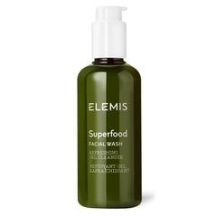 Elemis Superfood Facial Wash bottle close-up shows balanced skin cleansing.