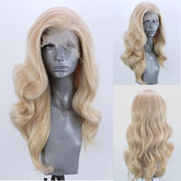 ELESTY long wavy blonde hair lace front front view highlights natural hairline and everyday wear.