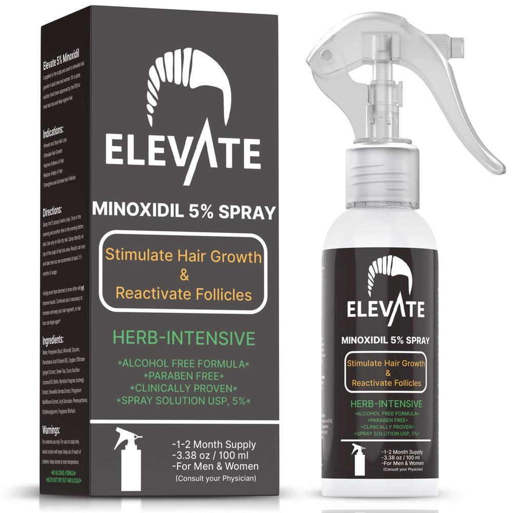 Elevate 5% Minoxidil spray bottle with precise nozzle for quick, mess-free daily application.