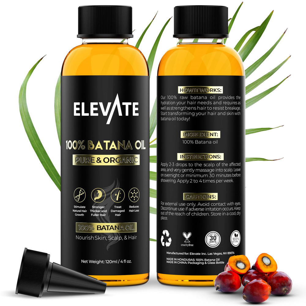 Elevate Batana Oil bottle closeup highlighting pure formula for hair nourishment