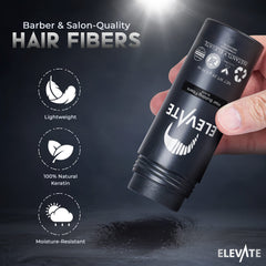 Elevate Hair Fibers application on dry hair demonstrating quick sprinkle for instant coverage.