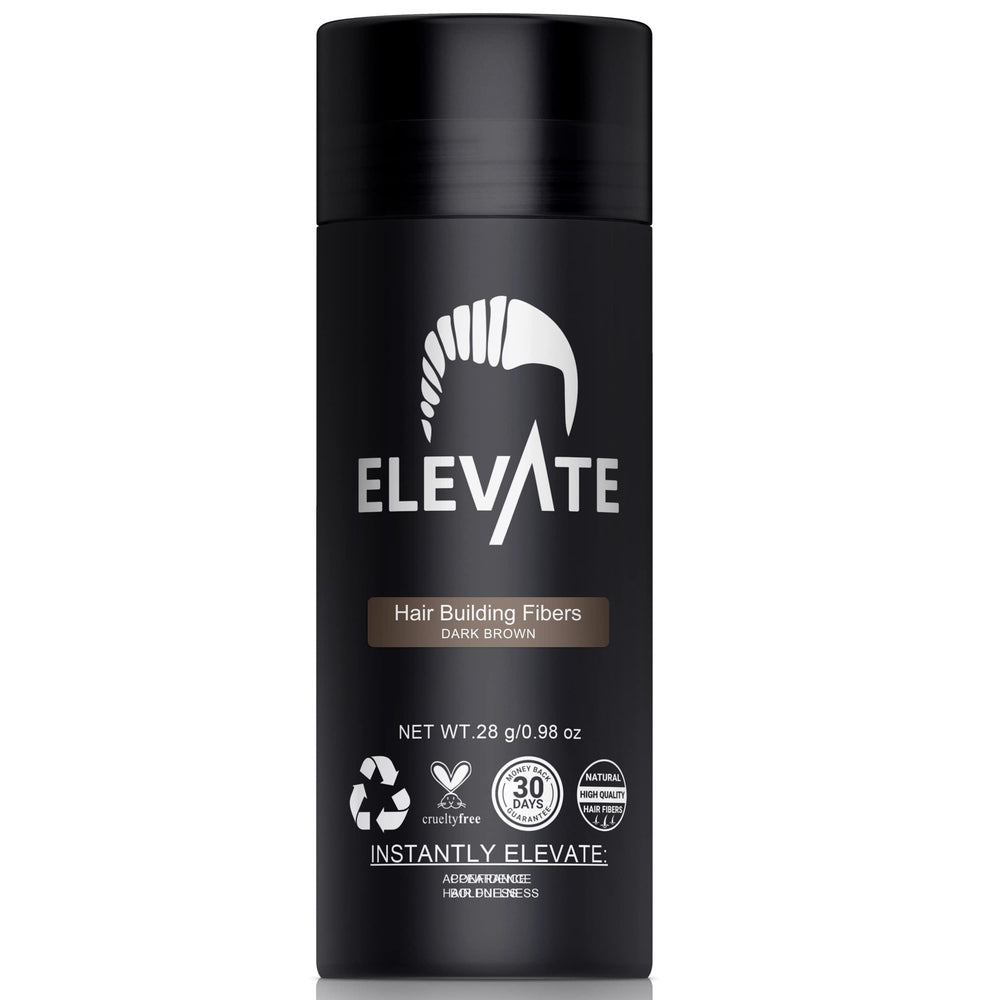 Elevate Hair Fibers dark brown bottle pour demonstrates quick coverage for thinning areas