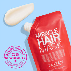 ELEVEN AUSTRALIA Miracle Hair Mask jar close-up showing creamy hydration for damaged color-treated hair.