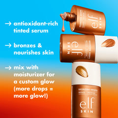 e.l.f. SKIN Bronzing Drops application pump shows easy layering with moisturizer for radiant skin