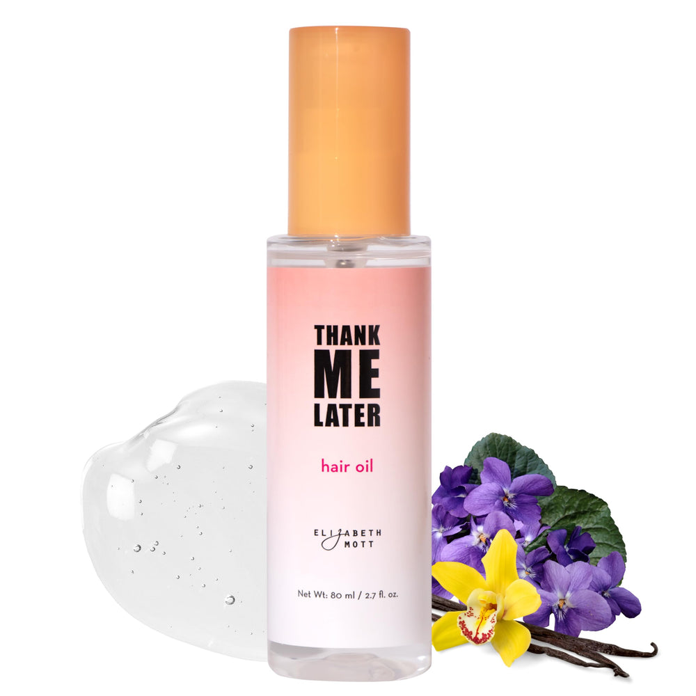Elizabeth Mott Thank Me Later Hair Oil bottle closeup for smoother hair